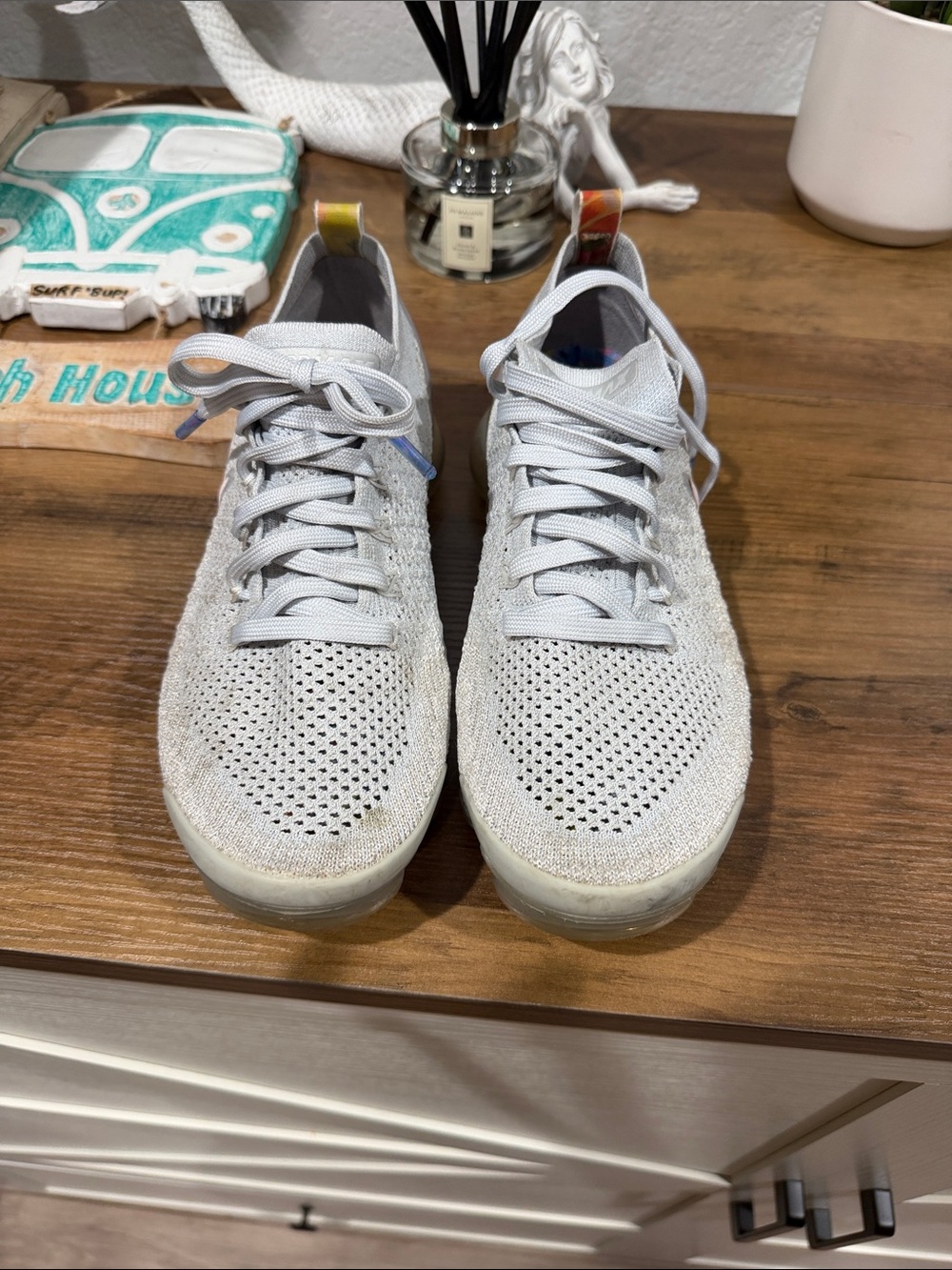 Nike Light Gray Knit Lace-Up Sneakers with Colored Heel Tabs